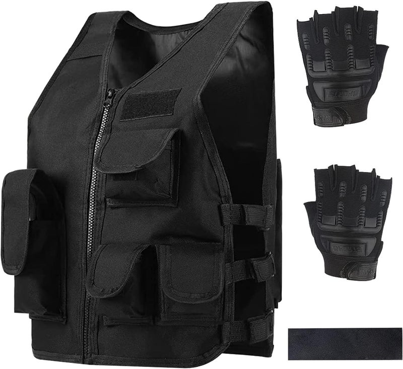 Green Bean Kids Outdoor Tactical Vest, Children's Combat Vest Adjustable Breathable Vest with Kids Half Finger Short Gloves - Image 1